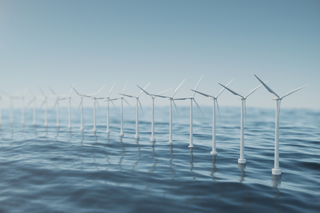 White wind turbine generating electricity in sea, ocean. Clean energy, wind energy, ecological concept. 3d renderingの写真素材