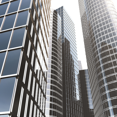 Business skyscrapers, high-rise buildings, architecture view to the sky, sun. Economical concept, financial. 3d renderingの写真素材