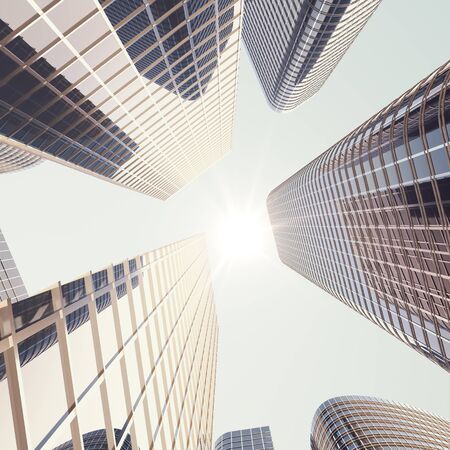Bottom view of modern skyscrapers in business district in evening light at sunset. Industrial architecture, business construction and estate financial concept. 3d renderingの写真素材