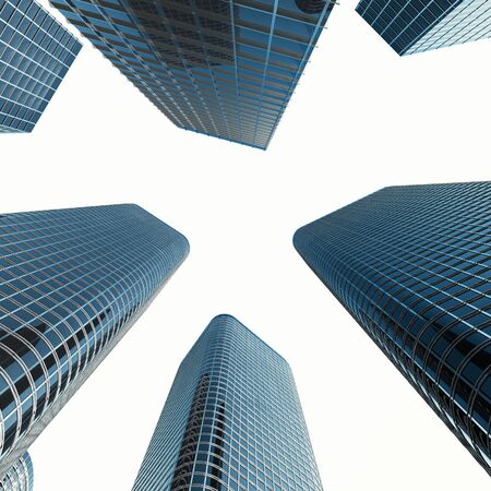 Business skyscrapers, high-rise buildings, architecture view to the sky, sun. Economical concept, financial. 3d renderingの写真素材