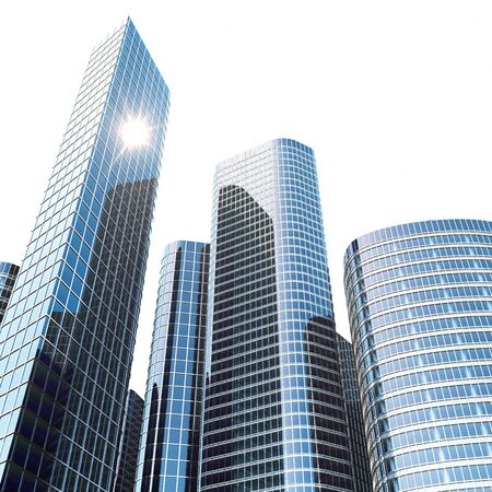 Modern high rise tall glass reflective skyscrapers in city downtown district. Business construction and estate financial concept. 3d renderingの写真素材