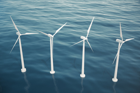 Offshore aerial view of wind turbines in the sea. Clean energy, ecological concept. 3d renderingの写真素材