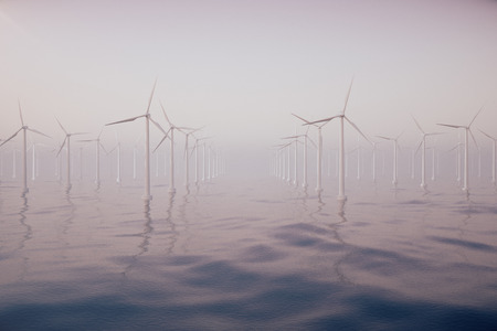Wind farm turbines caught in sunset sky. Beautiful contrast with the blue sea. ecological concept. 3d renderingの写真素材