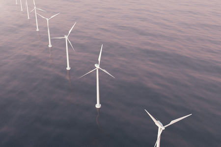 Offshore aerial view of wind turbines in the sea. Clean energy, ecological concept. 3d rendering