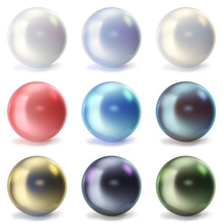 Set pearls isolated on white backgorund. Oyster pearls ball for luxury accessories. Sphere shiny sea pearls, 3d renderingの写真素材