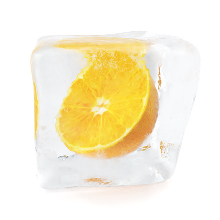 Slice Orange frozen in ice cube. Ice cube in front view, single ice cube isolated on white background. 3d renderingの写真素材