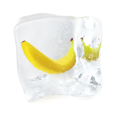 Banana frozen in ice cube, ice cube in front view, single ice cube isolated on white background. 3d renderingの写真素材
