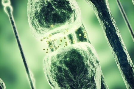 Neurons transmission signals in the head on blue background. Synapse. 3d renderingの写真素材