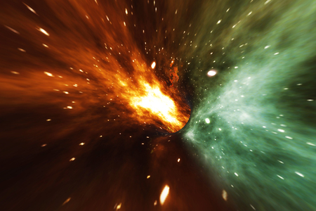 Across the universe. Traveling in space. Time travel. Scene of overcoming the temporary space in cosmos, 3d renderingの写真素材