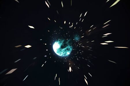 Glowing wormhole in space, interstellar warp, traveling trough space and time, 3d renderingの写真素材