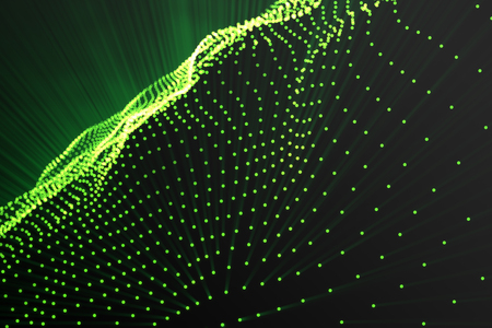 Landscape background. Cyberspace landscape grid. 3d technology. Abstract green landscape on black background with light rays, 3d renderingの写真素材