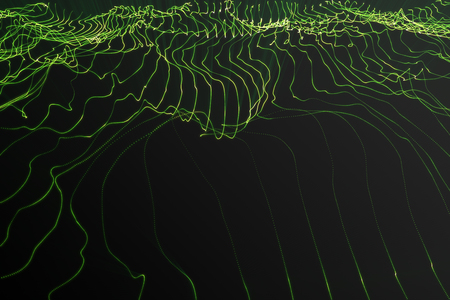 Landscape background. Cyberspace landscape grid. 3d technology. Abstract green landscape on black background with light rays, 3d renderingの写真素材