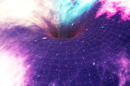 Glowing wormhole in space, interstellar warp, traveling trough space and time, 3d rendering