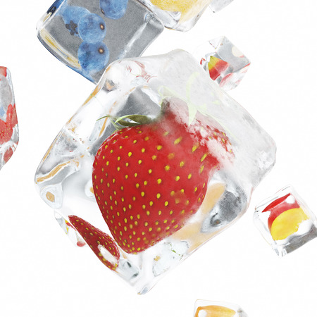 Fruits frozen in ice cube, ice cube in front view, single ice cube isolated on white background, 3d renderingの写真素材