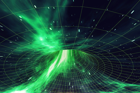 Wormhole in space, interstellar warp, traveling trough space and time, 3d renderingの写真素材