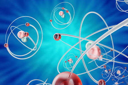 Atom background, shining nuclear model atoms and electrons. Physics concept. 3d renderingの写真素材