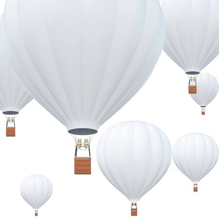 Hot Air balloons, white hot air balloons with basket on sky background. 3d renderingの写真素材
