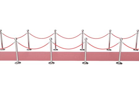 Red event carpet isolated on white background, between two rope barriers. 3d renderingの写真素材