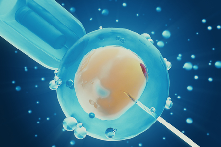 3d illustration Artificial insemination process. Glass needle fertilizing a female egg. Concept, scientific experimentの写真素材