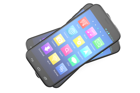 A silver phone width a blue screen and icons, isolated on white background, 3d illustrationの写真素材