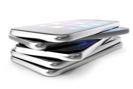 A silver phone width a blue screen and icons, isolated on white background, 3d illustrationの写真素材