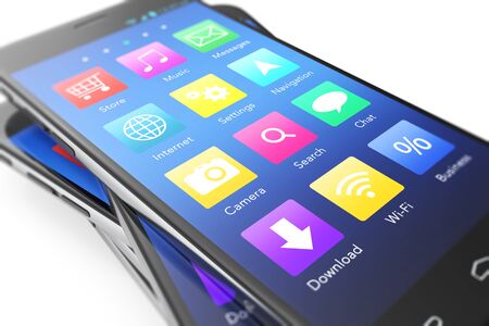 A silver phone width a blue screen and icons, isolated on white background, 3d illustrationの写真素材