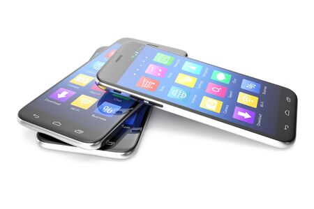 A silver phone width a blue screen and icons, isolated on white background, 3d illustrationの写真素材