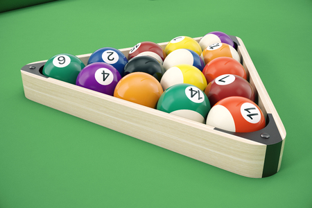 Pool billiard balls in a wooden rack, commonly used starting position, 3D illustration on green background.の写真素材