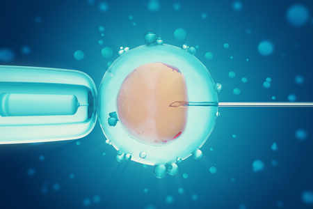 3d illustration Artificial insemination process. Glass needle fertilizing a female egg. Concept, scientific experimentの写真素材