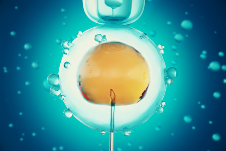 3d illustration Artificial insemination process. Glass needle fertilizing a female egg, Concept, scientific experimentの写真素材