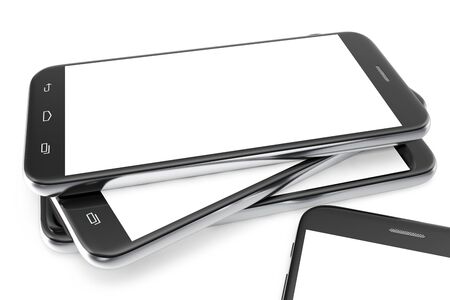 Modern smart phone. White screen for mockup, isolated on white background, 3d illustrationの写真素材