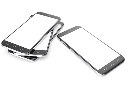 Modern smart phone. White screen for mockup, isolated on white background, 3d illustrationの写真素材