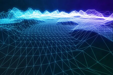 3D illustration abstract digital wireframe landscape. Cyberspace landscape grid. 3d technology....