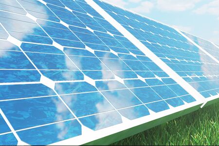3D illustration solar panels on sky background. Alternative clean energy of the sun. Power, ecology, technology, electricity.の写真素材