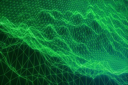 3D illustration concept internet connections in cloud computing. Cyberspace landscape grid. 3d technology. Abstract green landscape on black background with light rays.の写真素材