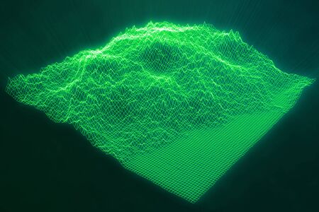 3D illustration concept internet connections in cloud computing. Cyberspace landscape grid. 3d technology. Abstract green landscape on black background with light rays.の写真素材