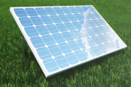 3D illustration reflection of the clouds on the photovoltaic cells. Energy and electricity. Alternative energy, eco or green generators. Power, ecology, technology, electricity.の写真素材