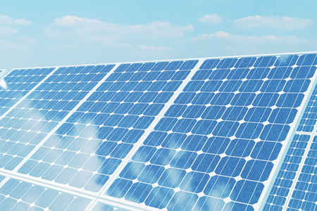 3D illustration solar panels on sky background. Alternative clean energy of the sun. Power, ecology, technology, electricity.の写真素材