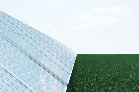 3D illustration solar panels on sky background. Alternative clean energy of the sun. Power, ecology, technology, electricity.の写真素材