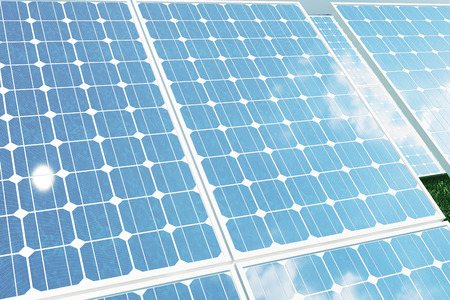 3D illustration solar panels with reflection the sunny sky. Background of photovoltaic modules for renewable energy.の写真素材