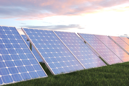 3D illustration solar power generation technology. Alternative energy. Solar battery panel modules with scenic sunset with blue sky with sun light.の写真素材