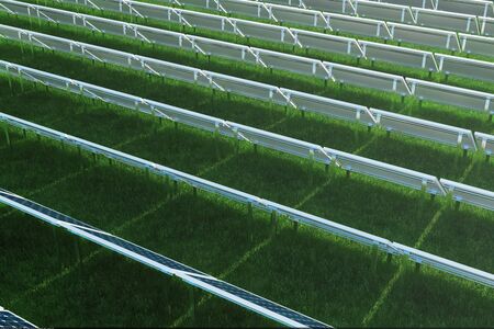 3D illustration reflection of the clouds on the photovoltaic cells. Blue solar panels on grass. Concept alternative electricity source. Eco energy, clean Energyの写真素材