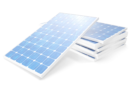 3D illustration solar power generation technology. Blue solar panels. Concept alternative electricity source. Eco energy, clean Energy isolated on white background.の写真素材
