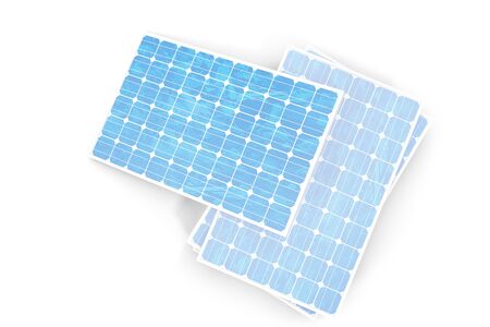 3D illustration solar power generation technology. Blue solar panels. Concept alternative electricity source. Eco energy, clean Energy isolated on white background.の写真素材