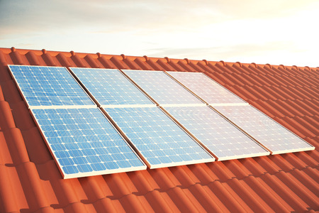 3D illustration solar panels on a red roff, power generation technology. Alternative energy. Solar battery panel modules with scenic sunset with blue sky with sun light.の写真素材