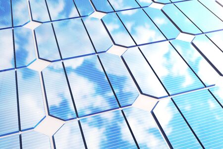 3D illustration reflection of the clouds on the photovoltaic cells. Blue solar panels on grass....