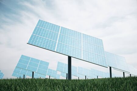3D illustration reflection of the clouds on the photovoltaic cells. Blue solar panels on grass. Concept alternative electricity source. Eco energy, clean Energyの写真素材