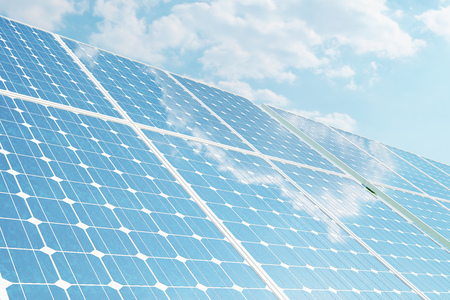 3D illustration solar panels on sky background. Alternative clean energy of the sun. Power, ecology, technology, electricity.の写真素材