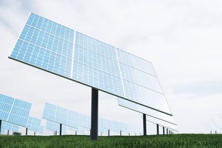 3D illustration reflection of the clouds on the photovoltaic cells. Blue solar panels on grass. Concept alternative electricity source. Eco energy, clean Energyの写真素材