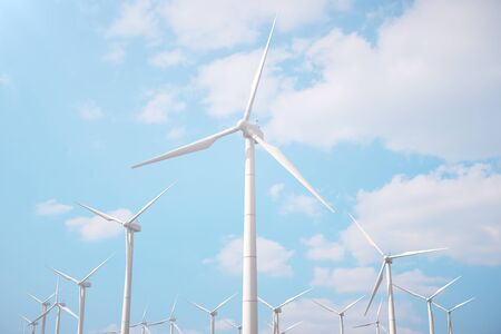 3d illustration, wind turbine with blue sky. Energy and electricity. Alternative energy, eco or...